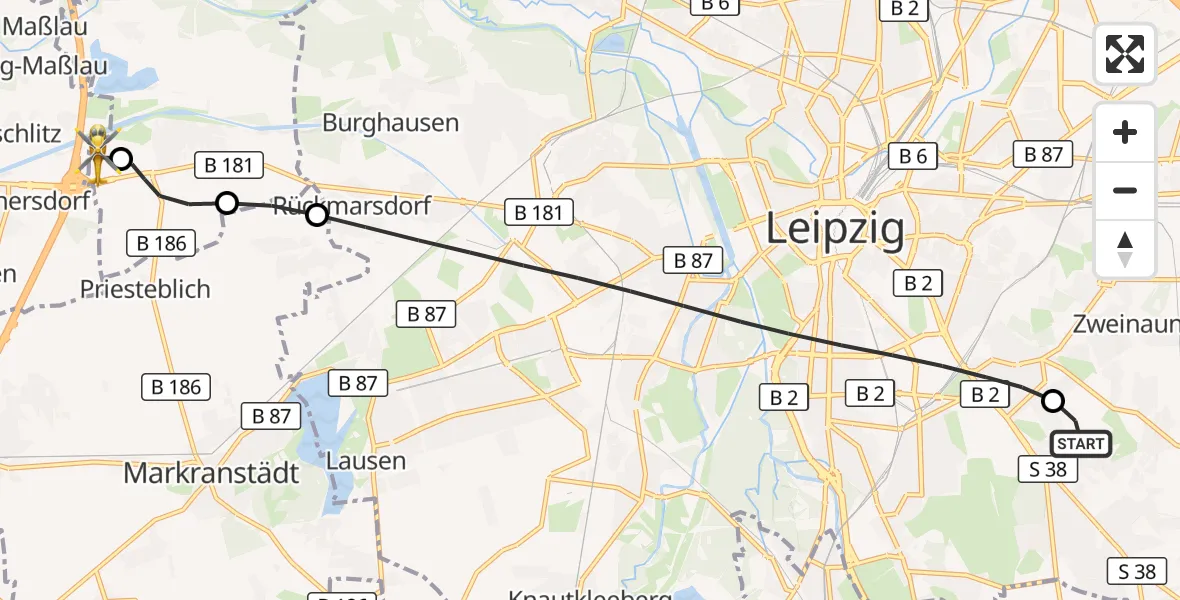 Flugroute Rettungshubschrauber Leipzig Heart Center Rooftop Hubschrauberlandeplatz - ADAC Air Rescue Station Leipzig/Schkeuditz-Dölzig Hubschrauberlandeplatz (Christoph 61), 24 Juni 2026, 20:32