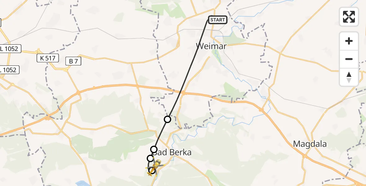 Flugroute Ambulanzhubschrauber Weimar - DRF Rettungsstation Bad Berka Hubschrauberlandeplatz, 24 Juni 2026, 20:33