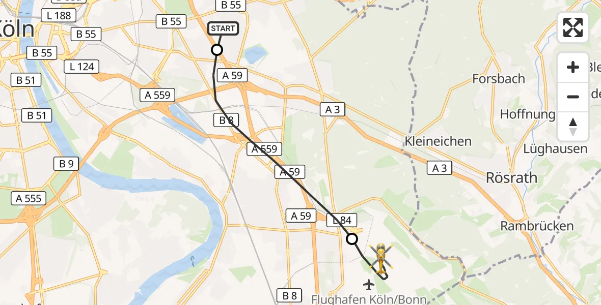 Flugroute Rettungshubschrauber Merheim Hospital - Köln Bonn Flughafen, 24 Juni 2026, 20:33