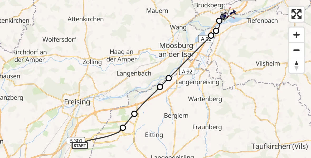 Flugroute Polizeihubschrauber München Flughafen - Landshut Flugplatz, 24 Juni 2026, 20:37
