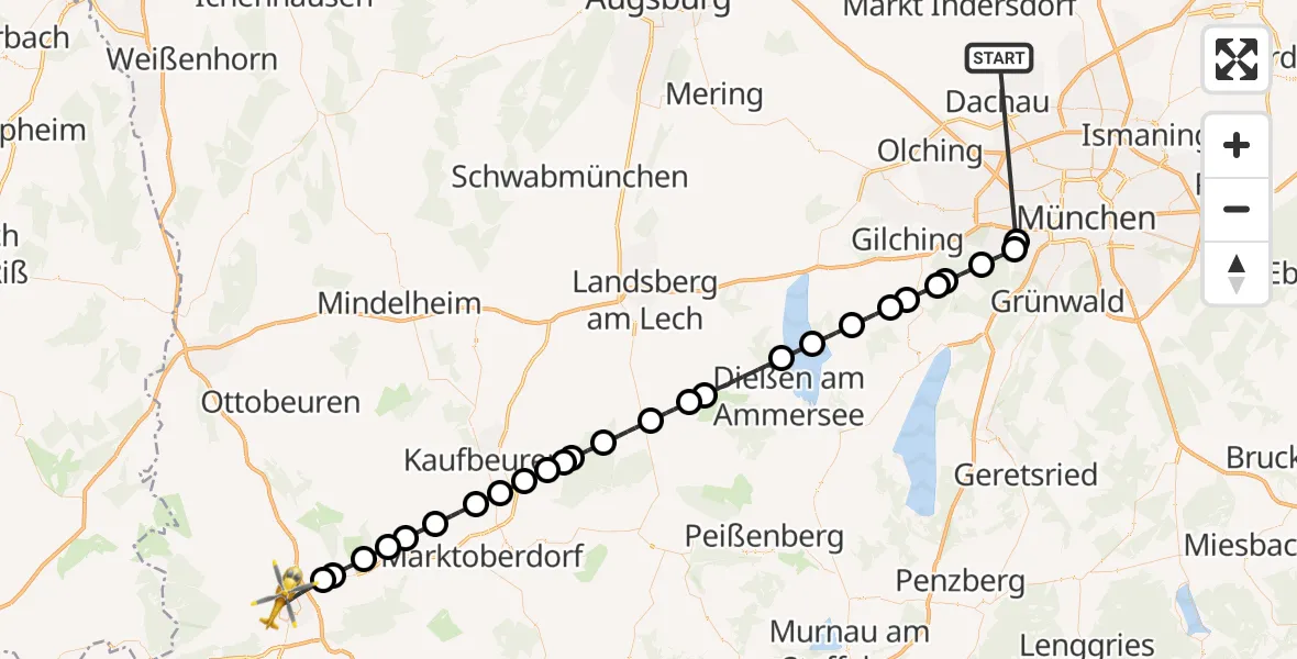 Flugroute Rettungshubschrauber Röhrmoos - Kempten (Allgäu), 24 Juni 2026, 20:46