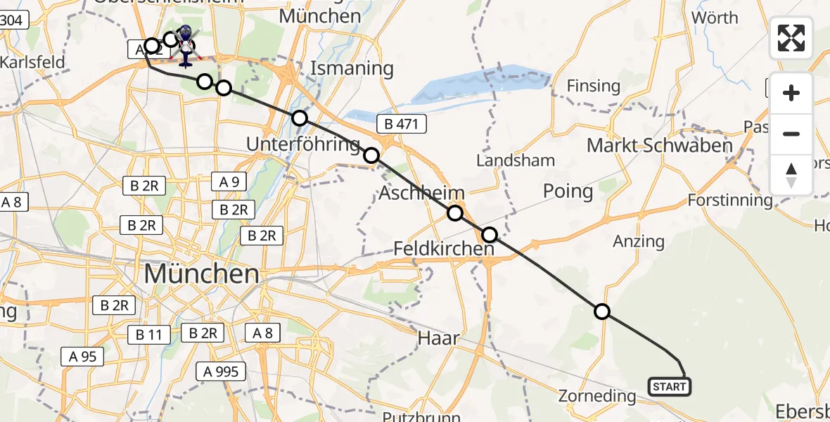 Flugroute Polizeihubschrauber Eglhartinger Forst - Oberschleißheim, 24 Juni 2026, 21:03