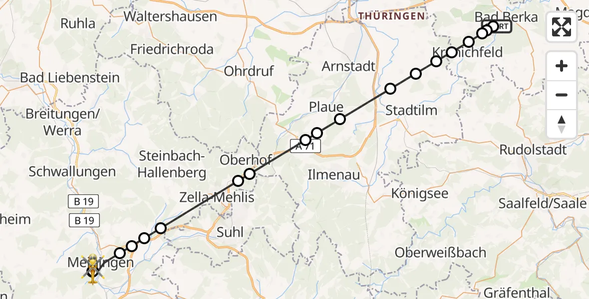 Flugroute Ambulanzhubschrauber Bad Berka Central Hospital - Helios Clinic Meiningen, 24 Juni 2026, 21:22