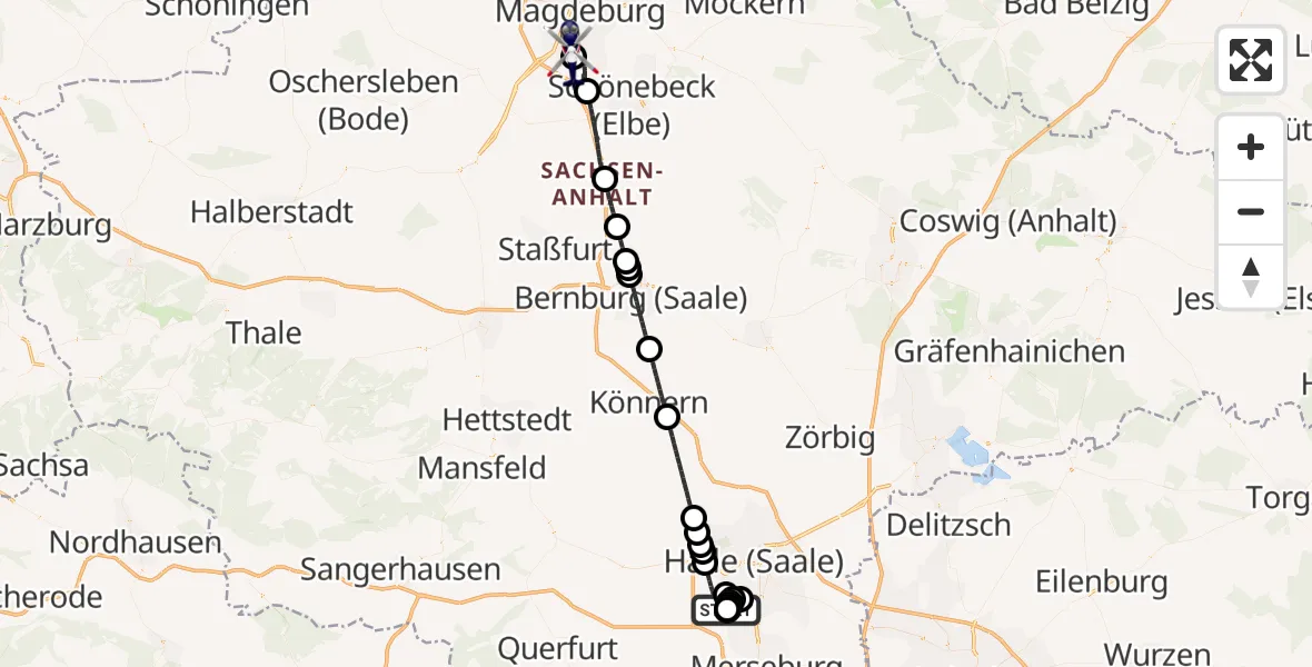 Flugroute Polizeihubschrauber Teutschenthal - Magdeburg City Flugplatz, 24 Juni 2026, 21:32
