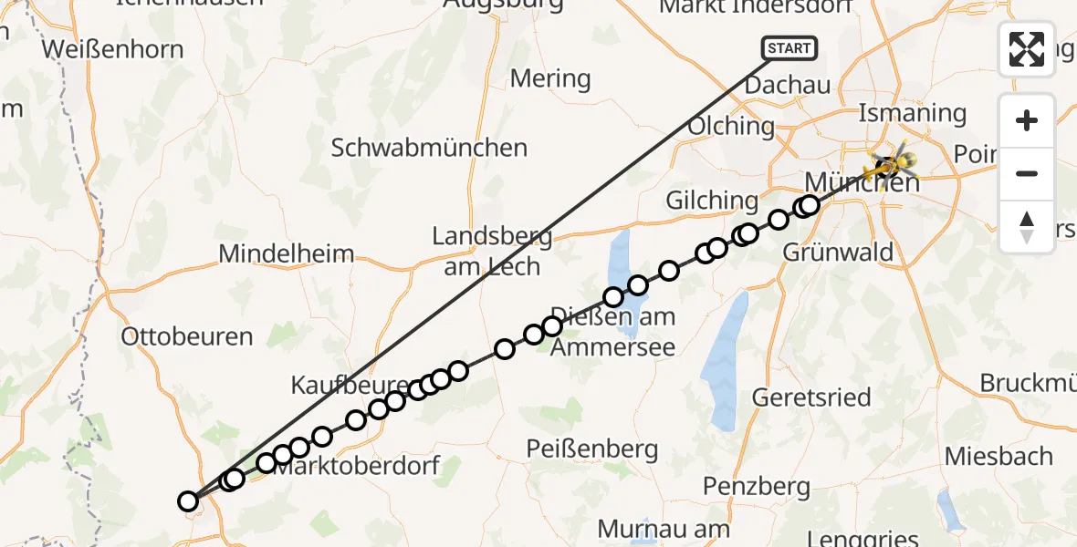 Flugroute Rettungshubschrauber Röhrmoos - München Bogenhausen Hospital, 24 Juni 2026, 21:37
