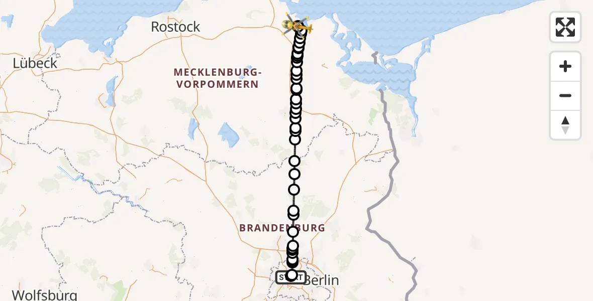 Flugroute Rettungshubschrauber Charité Clinic Virchow Campus - Greifswald Hospital, 24 Juni 2026, 21:52