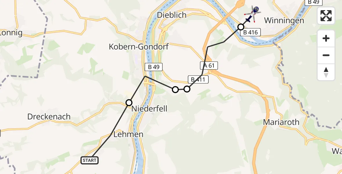 Flugroute Polizeihubschrauber Lehmen - Winningen, 24 Juni 2026, 22:11