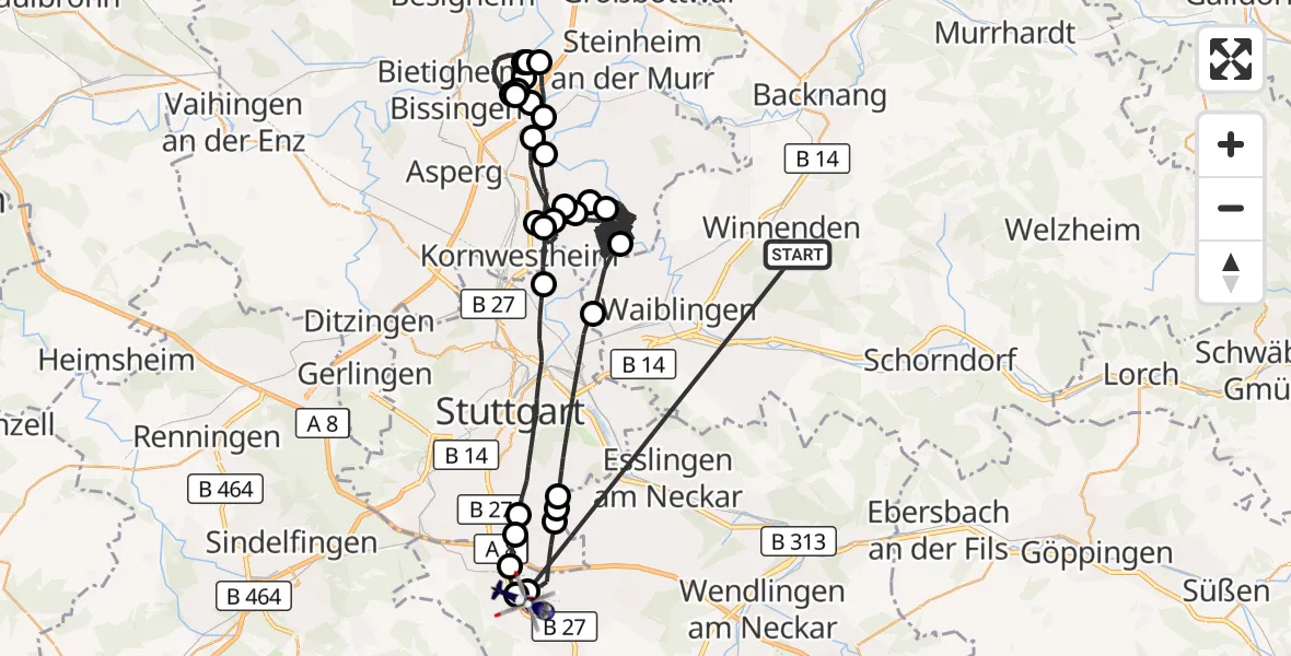 Flugroute Polizeihubschrauber Winnenden - Flughafen Stuttgart, 24 Juni 2026, 22:43