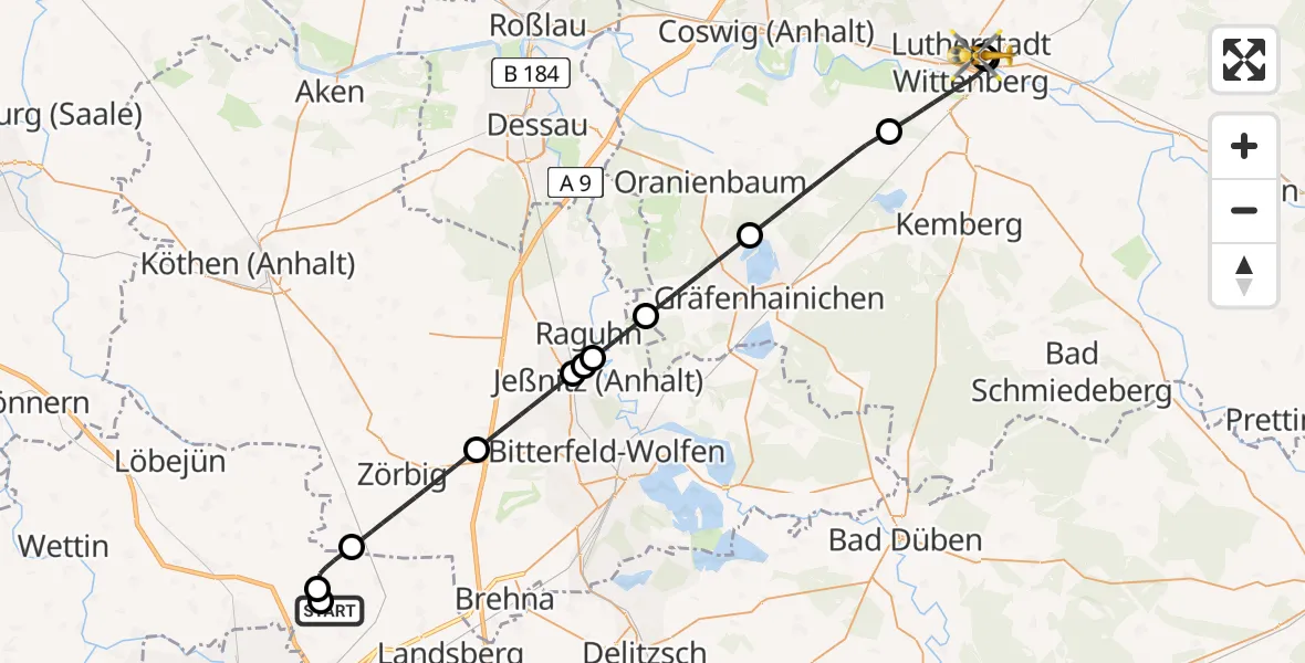 Flugroute Rettungshubschrauber Halle-Oppin Flugplatz - Paul-Gerhardt-Stift Evangelical Hospital, 24 Juni 2026, 22:45