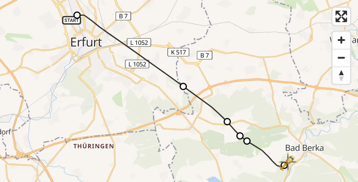 Flugroute Ambulanzhubschrauber Helios Clinic Erfurt - DRF Rettungsstation Bad Berka Hubschrauberlandeplatz, 24 Juni 2026, 23:21