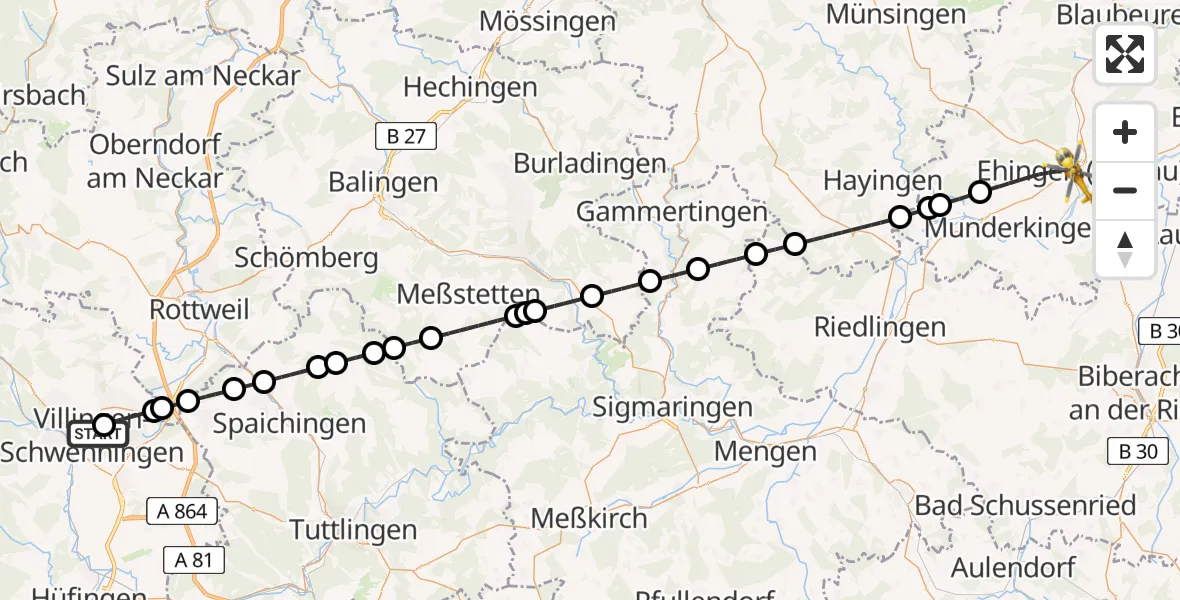 Flugroute Ambulanzhubschrauber DRF Air Rescue Station Villingen-Schwenningen Hubschrauberlandeplatz (Christoph 11) - Ehingen (Donau), 24 Juni 2026, 23:32