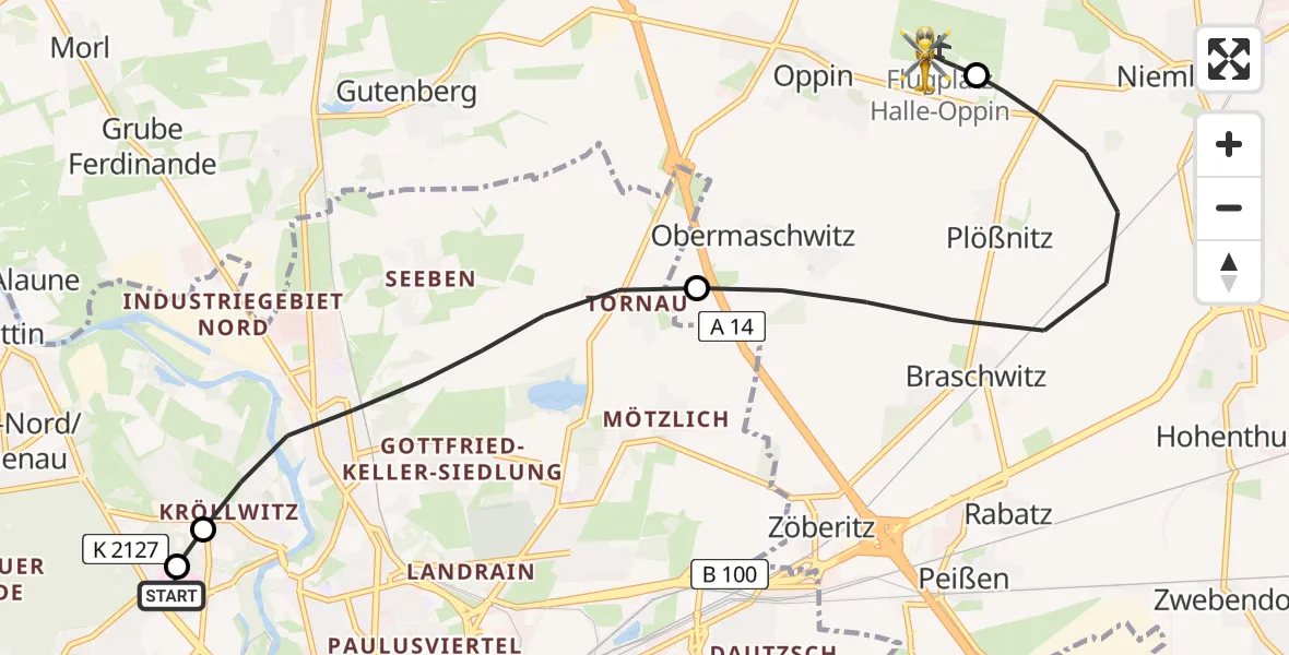 Flugroute Rettungshubschrauber Halle (Saale) University Hospital - Halle-Oppin Flugplatz, 25 Juni 2026, 00:18