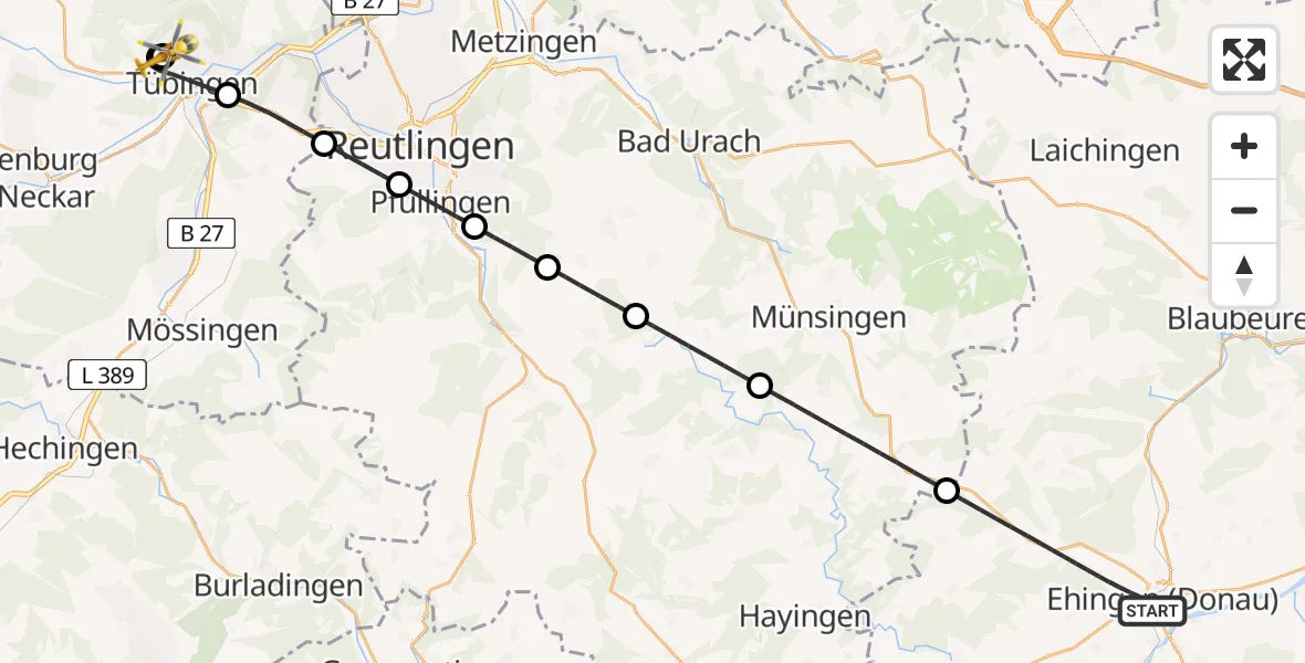 Flugroute Ambulanzhubschrauber Ehingen (Donau) - Tübingen Trauma Hospital, 25 Juni 2026, 00:53
