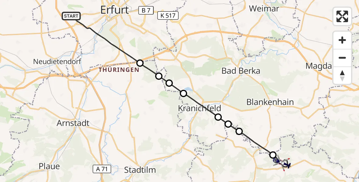 Flugroute Polizeihubschrauber Erfurt - Uhlstädt-Kirchhasel, 25 Juni 2026, 01:00