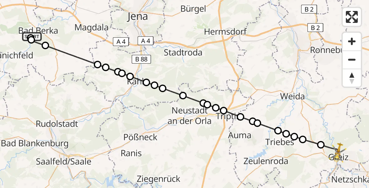 Flugroute Ambulanzhubschrauber Bad Berka Central Hospital - Greiz, 25 Juni 2026, 01:04