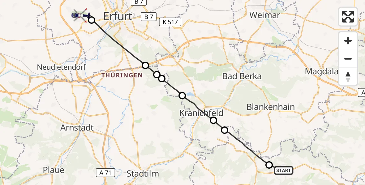 Flugroute Polizeihubschrauber Uhlstädt-Kirchhasel - Erfurt-Weimar Flughafen, 25 Juni 2026, 01:47