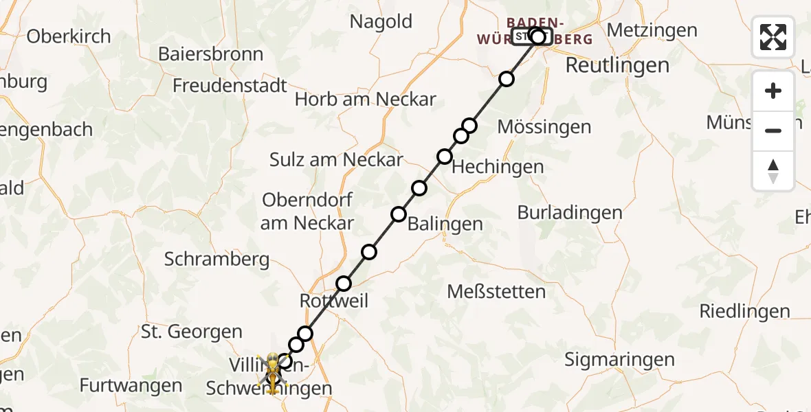 Flugroute Ambulanzhubschrauber Tübingen Trauma Hospital - DRF Air Rescue Station Villingen-Schwenningen Hubschrauberlandeplatz (Christoph 11), 25 Juni 2026, 02:02