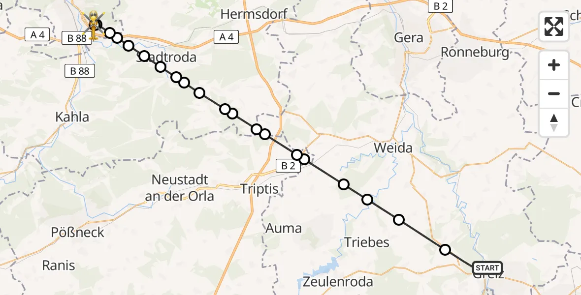 Flugroute Ambulanzhubschrauber Greiz - Jena University Hospital, 25 Juni 2026, 02:27