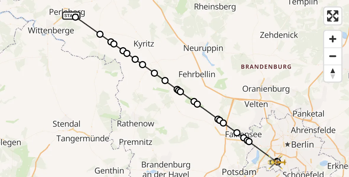 Flugroute Rettungshubschrauber Perleberg - Charité Clinic Benjamin Franklin Campus, 25 Juni 2026, 02:57