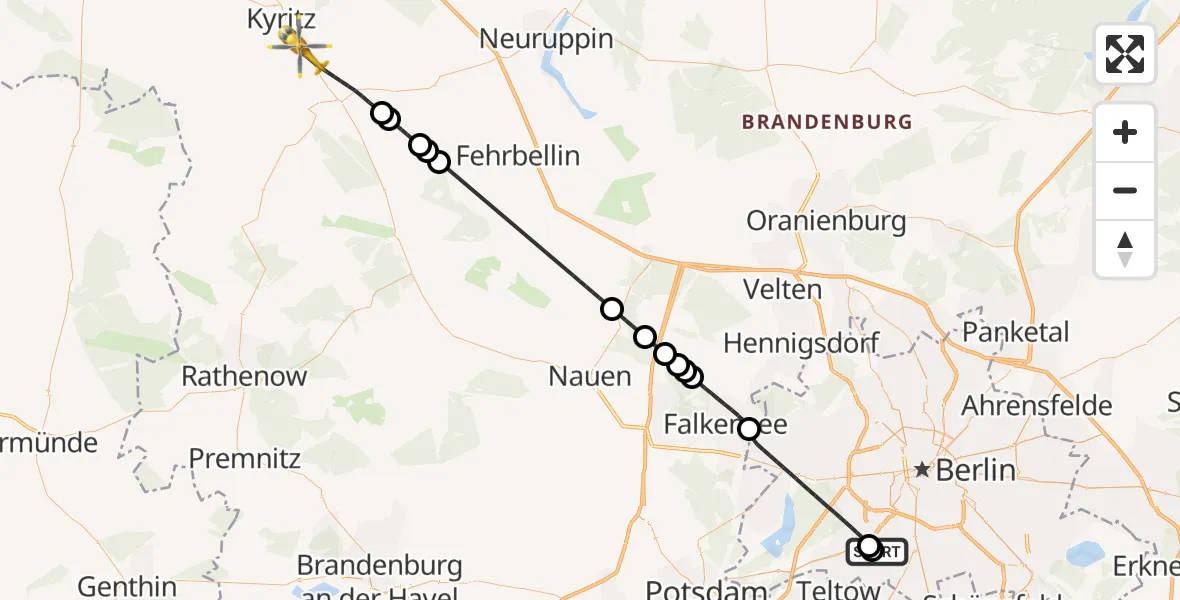Flugroute Rettungshubschrauber Charité Clinic Benjamin Franklin Campus - Kyritz, 25 Juni 2026, 04:10