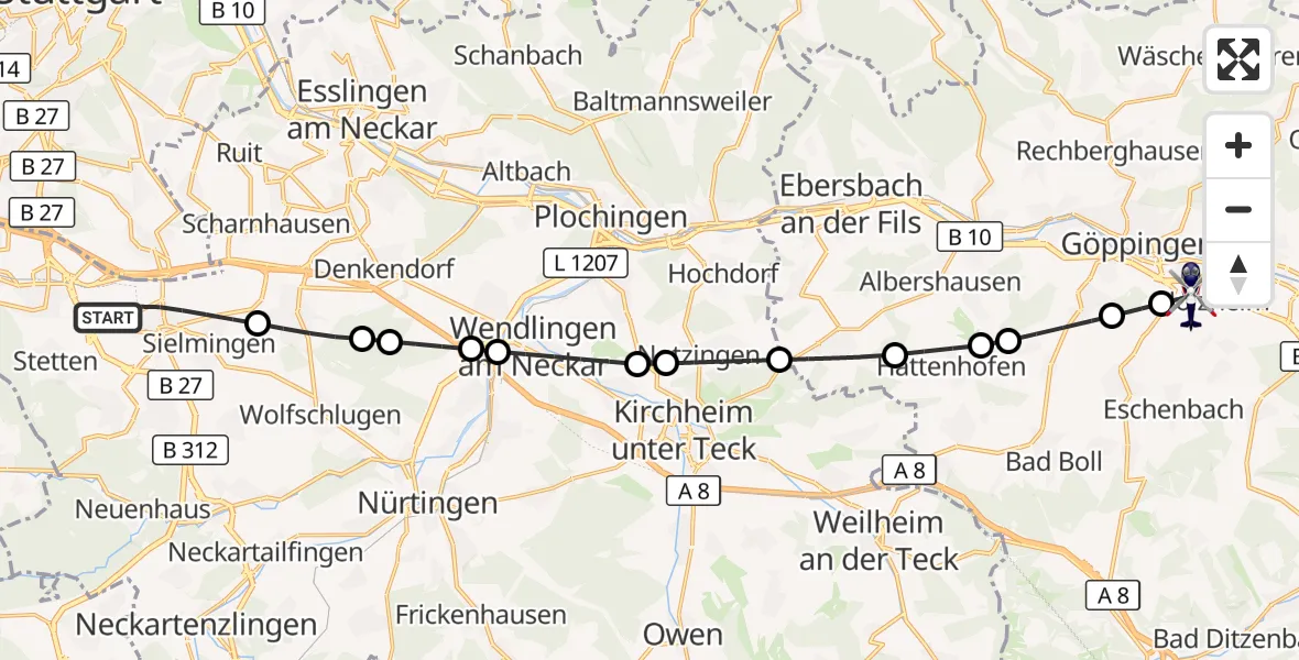 Flugroute Polizeihubschrauber Flughafen Stuttgart - Göppingen, 25 Juni 2026, 04:57