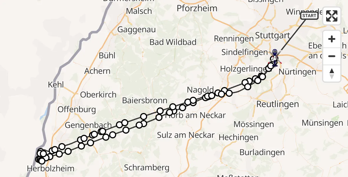 Flugroute Polizeihubschrauber Winnenden - Flughafen Stuttgart, 25 Juni 2026, 04:58