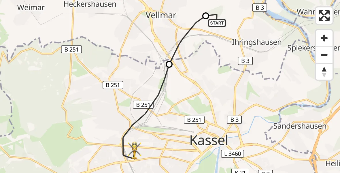 Flugroute Rettungshubschrauber Fuldatal Bundespolizei Hubschrauberlandeplatz - Kassel, 25 Juni 2026, 05:03