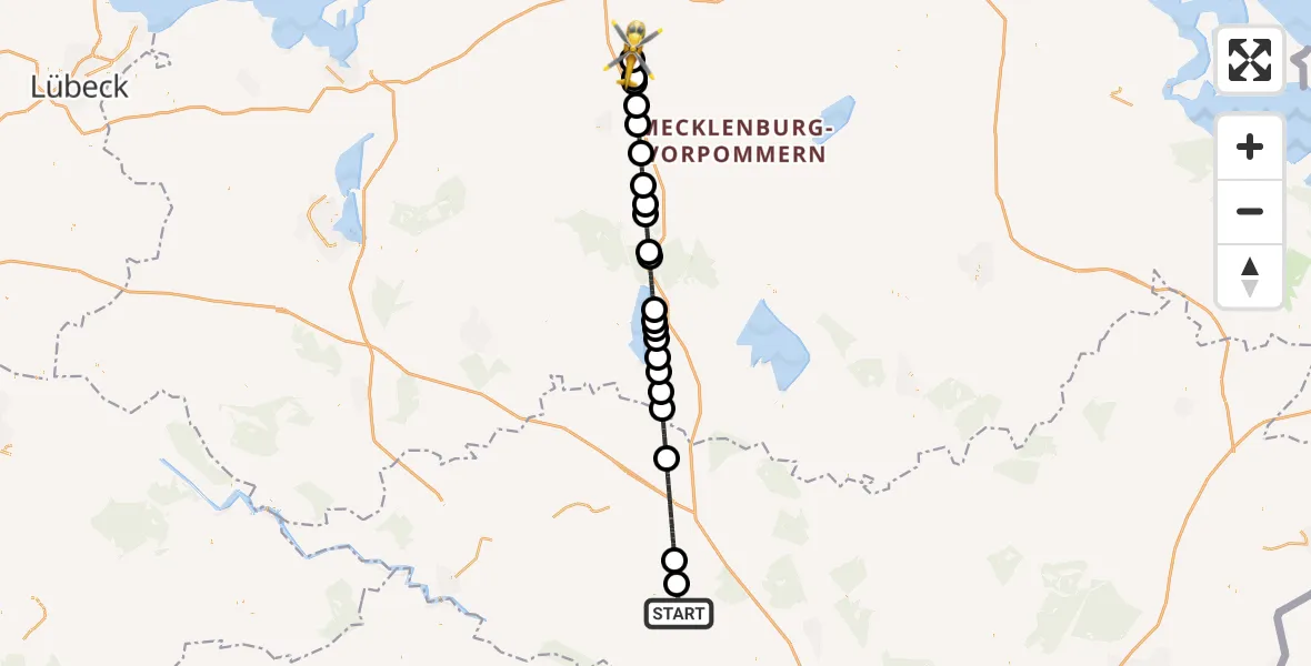 Flugroute Rettungshubschrauber Kyritz - Flughafen Rostock-Laage, 25 Juni 2026, 05:07