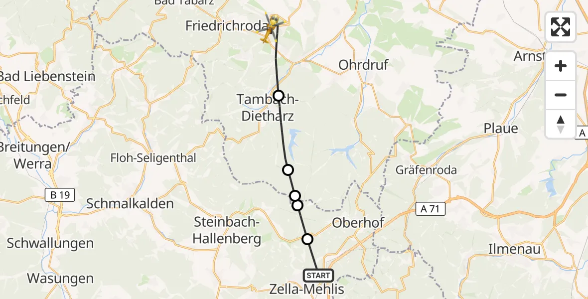 Flugroute Rettungshubschrauber Zella-Mehlis - Georgenthal, 25 Juni 2026, 05:10