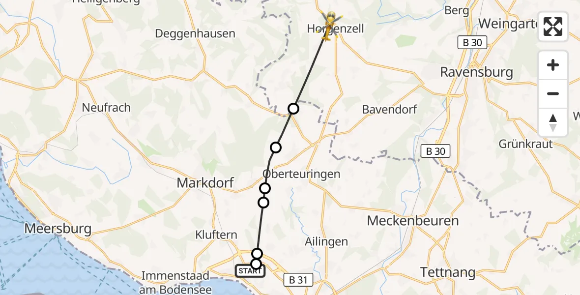 Flugroute Rettungshubschrauber Friedrichshafen Hospital - Horgenzell, 25 Juni 2026, 05:17