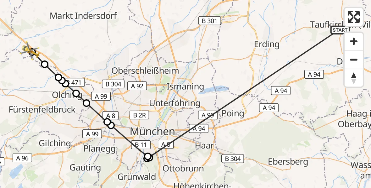 Flugroute Rettungshubschrauber Taufkirchen (Vils) - Odelzhausen, 25 Juni 2026, 05:18
