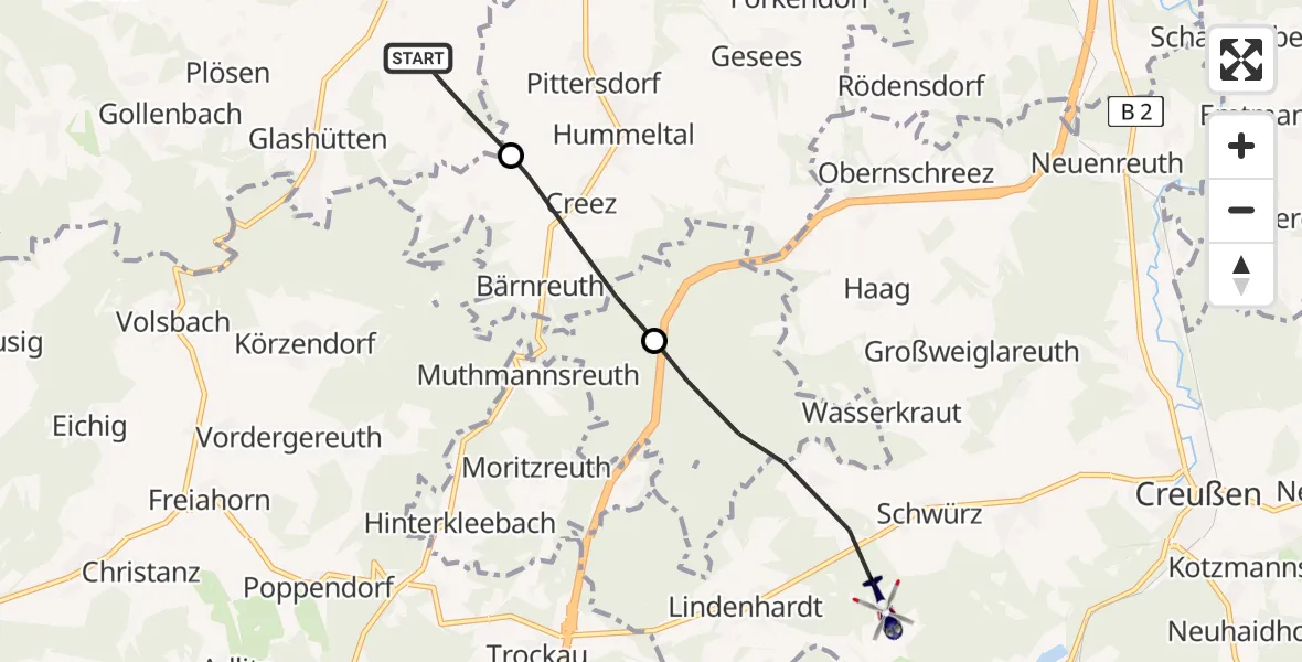 Flugroute Polizeihubschrauber Mistelgau - Schnabelwaid, 25 Juni 2026, 05:27