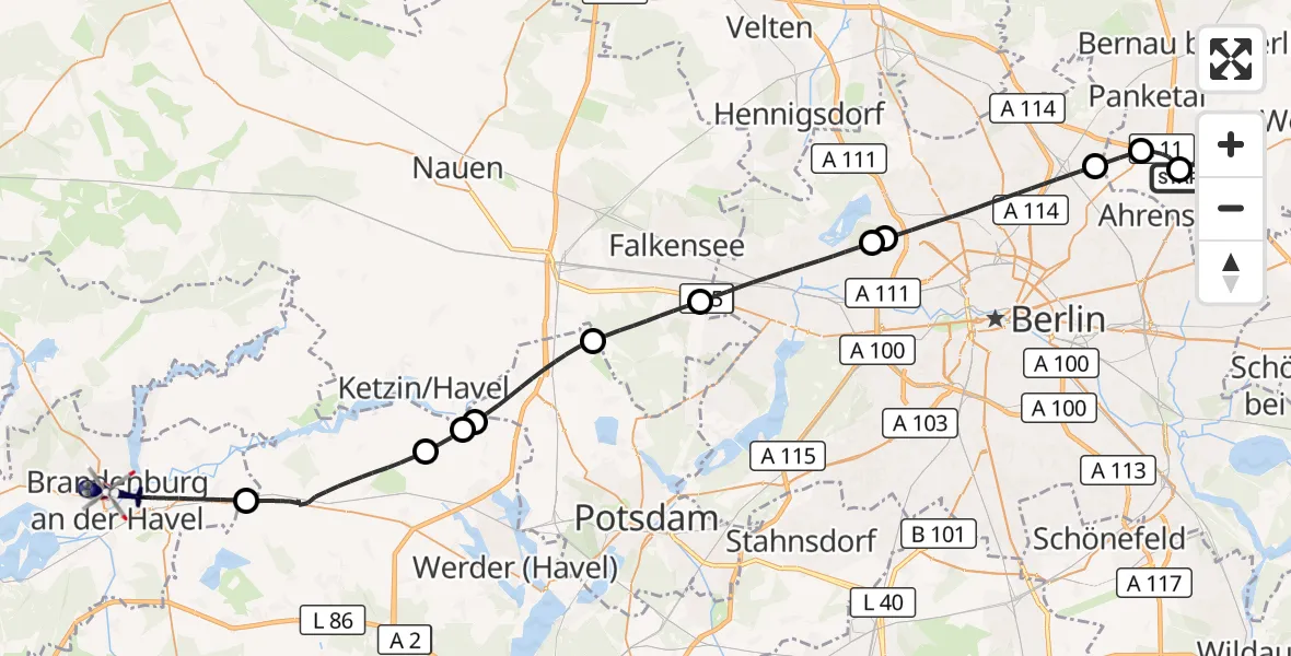 Flugroute Polizeihubschrauber Ahrensfelde Hubschrauberlandeplatz - Brandenburg an der Havel, 25 Juni 2026, 05:36