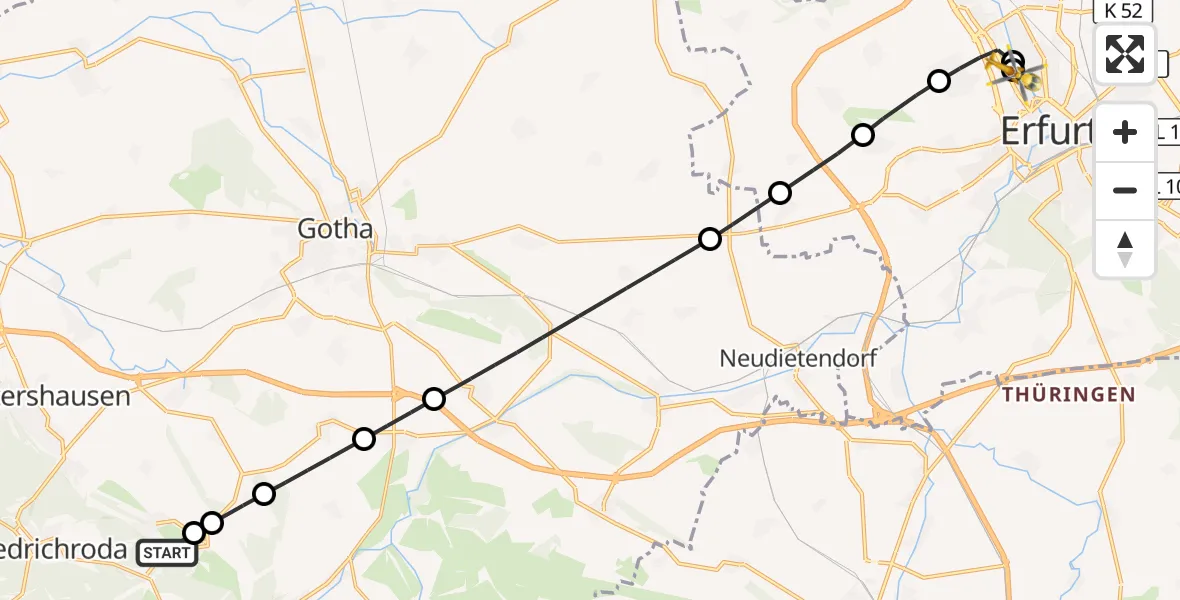 Flugroute Rettungshubschrauber Georgenthal - Helios Clinic Erfurt, 25 Juni 2026, 05:36