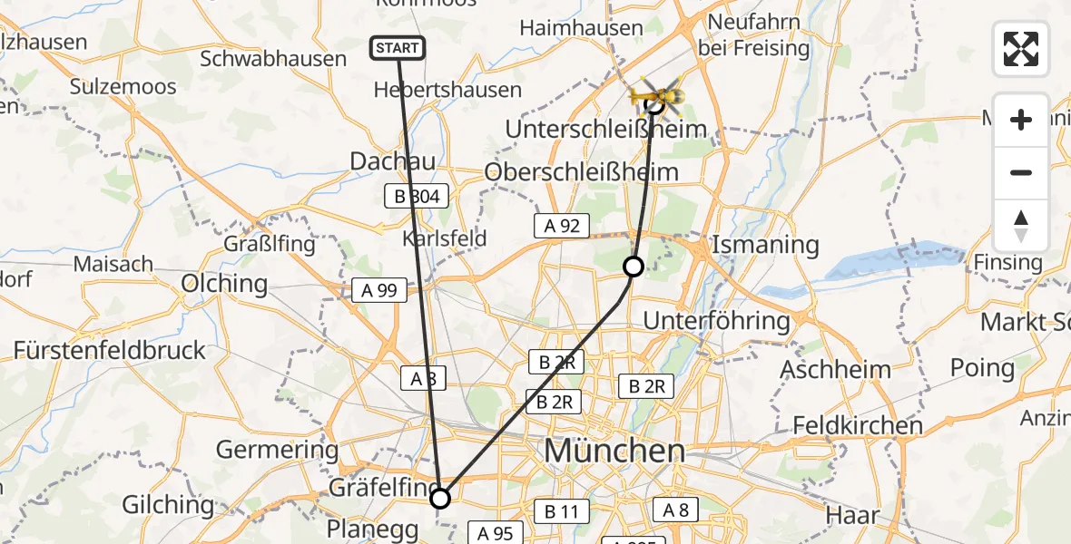 Flugroute Rettungshubschrauber Röhrmoos - Eching, 25 Juni 2026, 05:38