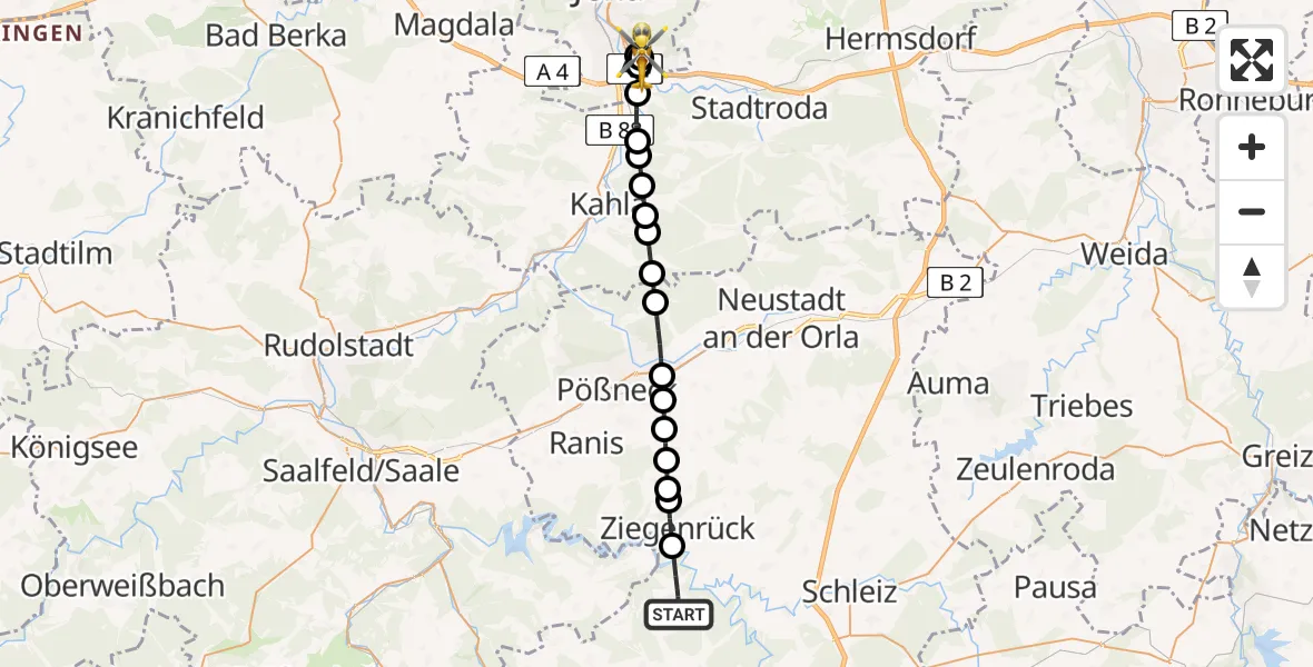 Flugroute Rettungshubschrauber Remptendorf - Jena University Hospital, 25 Juni 2026, 05:45
