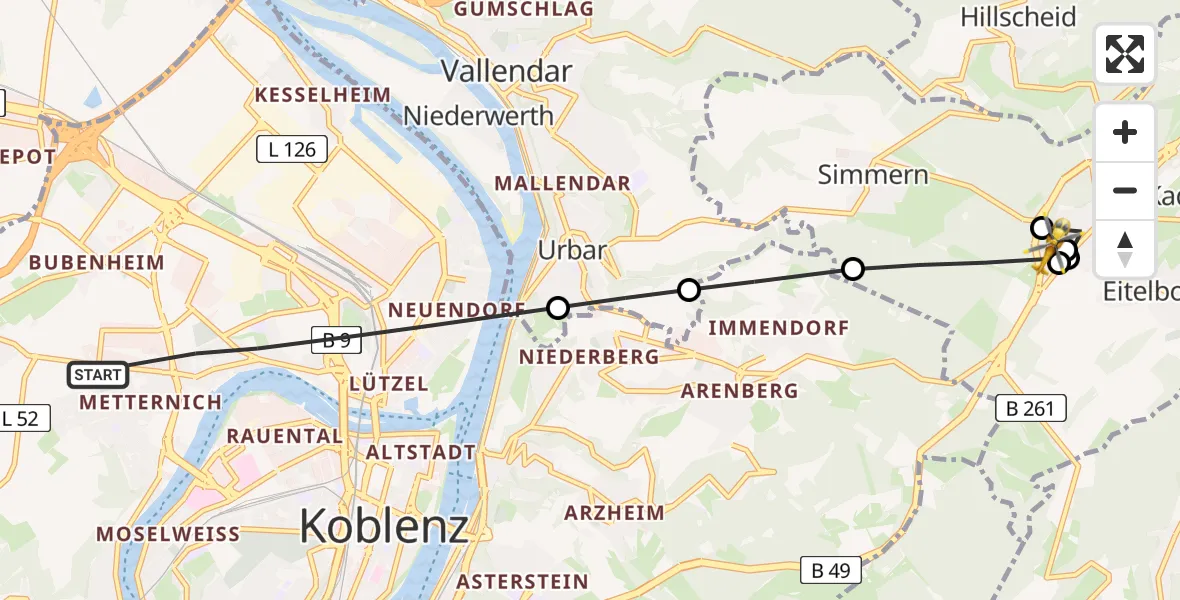 Flugroute Rettungshubschrauber Koblenz - Simmern, 25 Juni 2026, 05:46