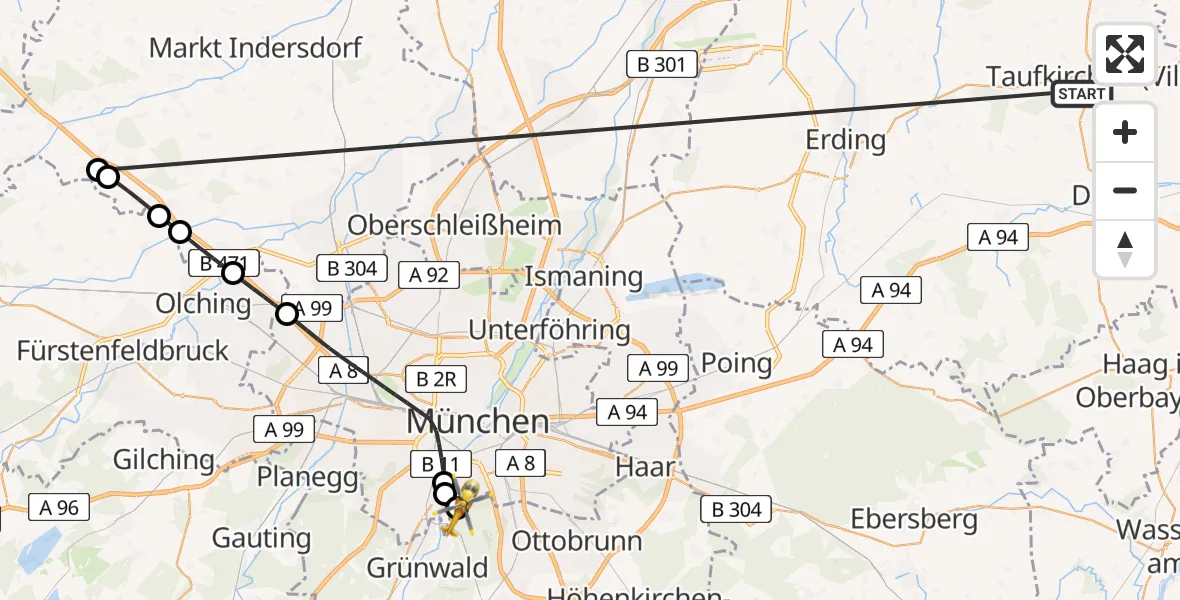 Flugroute Rettungshubschrauber Taufkirchen (Vils) - ADAC Air Rescue Center Hubschrauberlandeplatz (Christoph 1), 25 Juni 2026, 05:49