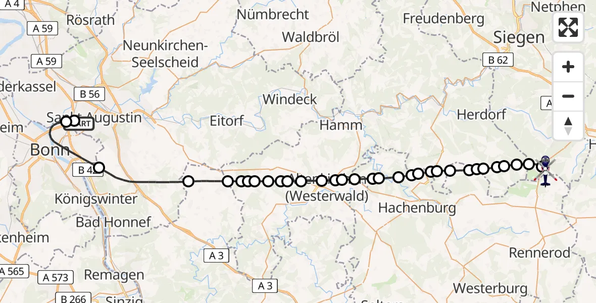Flugroute Polizeihubschrauber Bonn-Hangelar Flugplatz - Siegerland Flughafen, 25 Juni 2026, 05:51