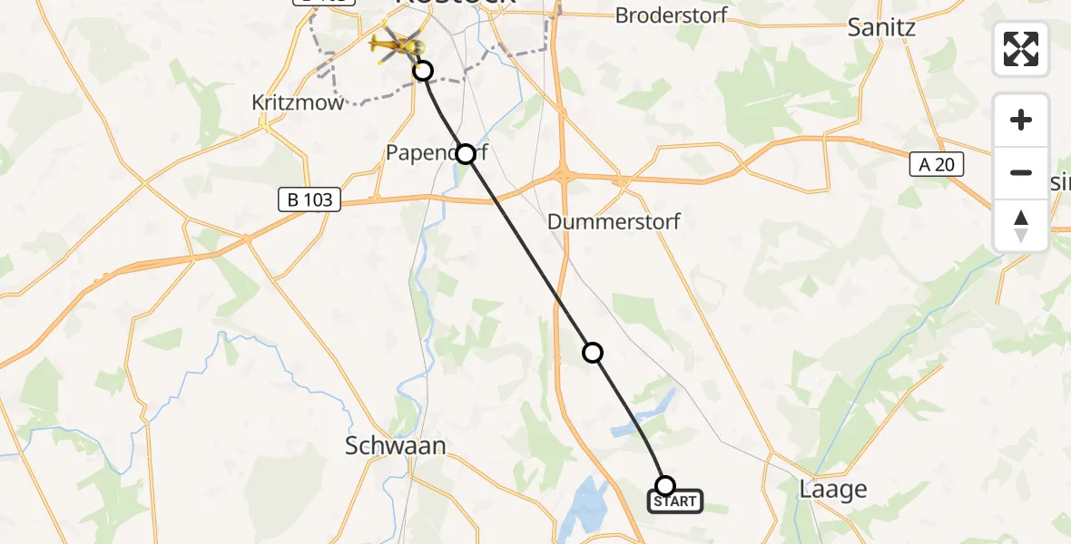 Flugroute Rettungshubschrauber Flughafen Rostock-Laage - Rostock, 25 Juni 2026, 05:55