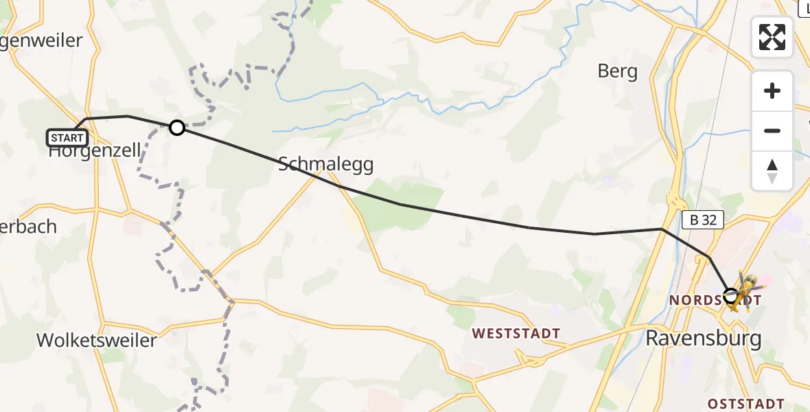 Flugroute Rettungshubschrauber Horgenzell - Sankt Elisabeth Hospital, 25 Juni 2026, 05:59