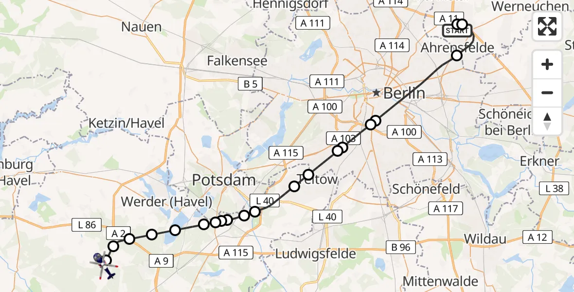 Flugroute Polizeihubschrauber Ahrensfelde Hubschrauberlandeplatz - Beelitz, 25 Juni 2026, 06:02