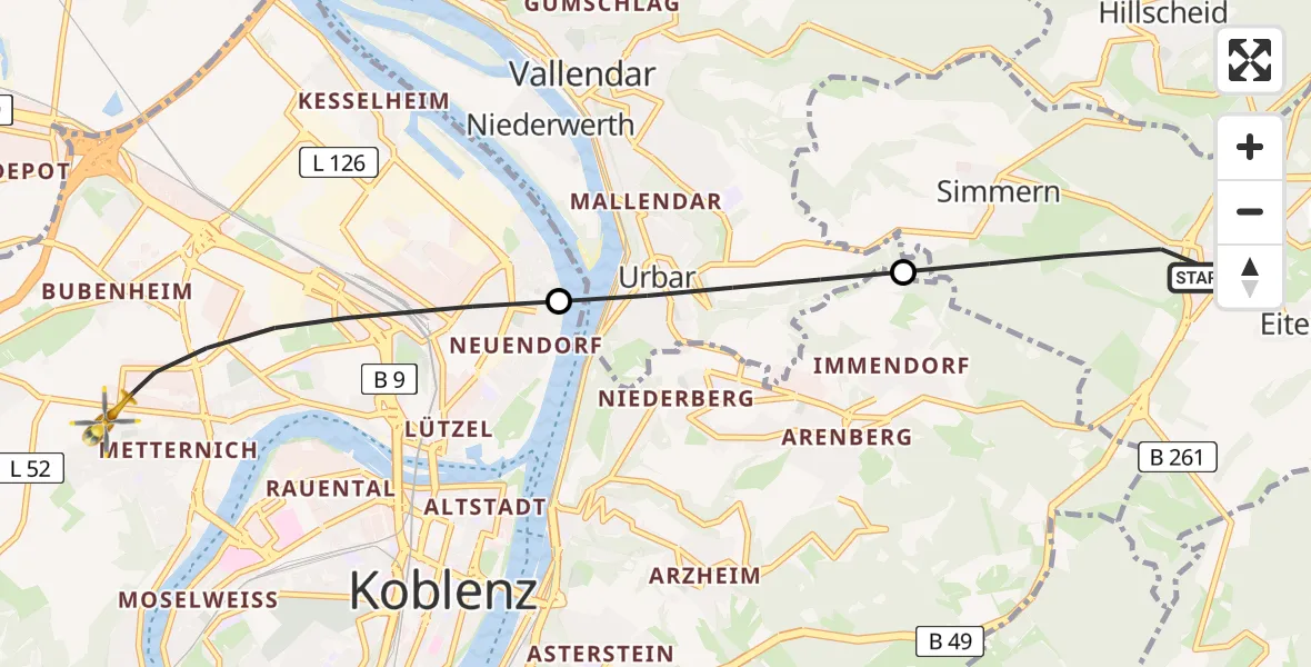 Flugroute Rettungshubschrauber Simmern - Koblenz, 25 Juni 2026, 06:11