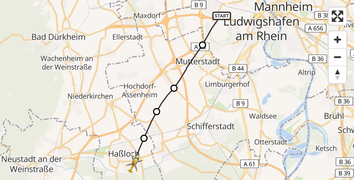 Flugroute Rettungshubschrauber Ludwigshafen am Rhein - Haßloch, 25 Juni 2026, 06:21