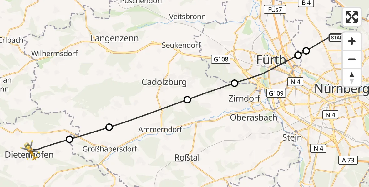 Flugroute Rettungshubschrauber Flughafen Nuremberg - Dietenhofen, 25 Juni 2026, 06:27