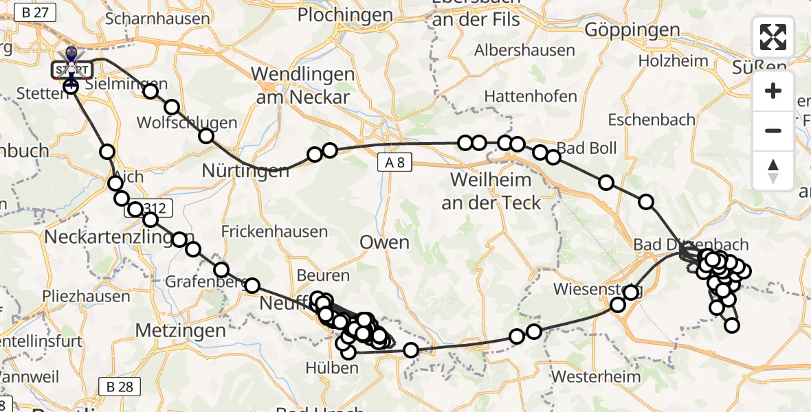 Flugroute Polizeihubschrauber Flughafen Stuttgart - Flughafen Stuttgart, 25 Juni 2026, 06:37