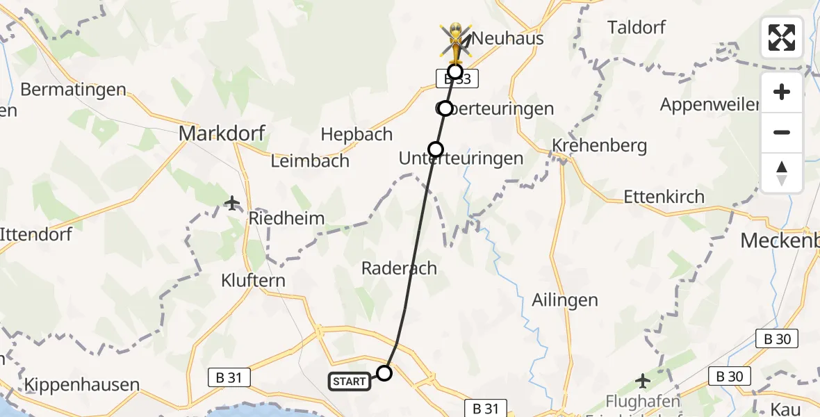 Flugroute Rettungshubschrauber Friedrichshafen Hospital - Oberteuringen, 25 Juni 2026, 06:41