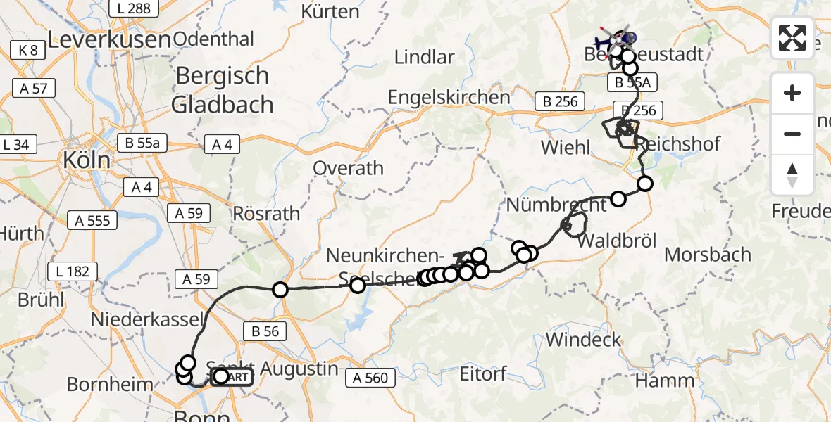 Flugroute Polizeihubschrauber Sankt Augustin - Gummersbach, 25 Juni 2026, 06:42