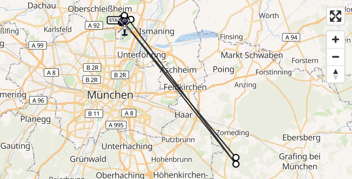 Flugroute Polizeihubschrauber Oberschleißheim - Garching b.München, 25 Juni 2026, 06:44