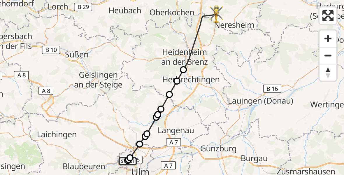 Flugroute Rettungshubschrauber Ulm Military Hospital Emergency - Aalen Heidenheim Elchingen Flugplatz, 25 Juni 2026, 06:45
